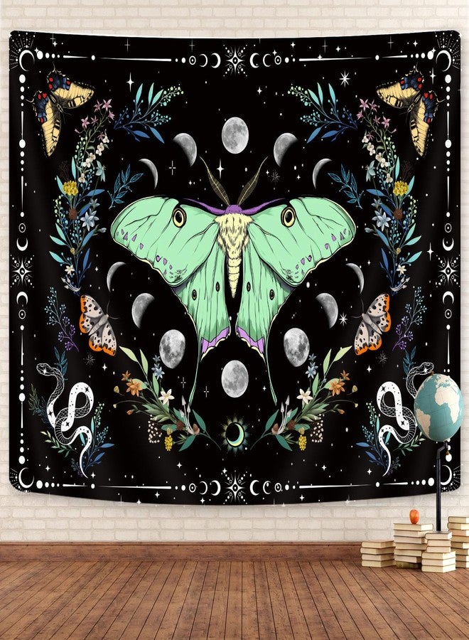 GOAOK Boho Butterfly Floral Aesthetic Tapestry, Moon Phase Sun Moon Art Tapestries, Cute Moth Vintage Botanical Fairy Flower Plant Tapestry Wall Hanging for Bedroom Living Room Dorm, 60'' X 44'' Black - Image 1